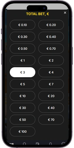 Cash of Gods bet selection menu - stakes from €0.10 to €100