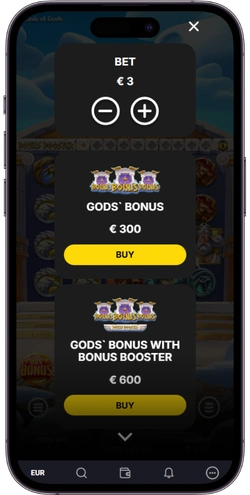 Cash of Gods Feature Buy menu - Gods Bonus €300 and Gods Bonus with Booster €600