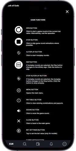 Cash of Gods game functions menu - spin, autoplay, paytable controls