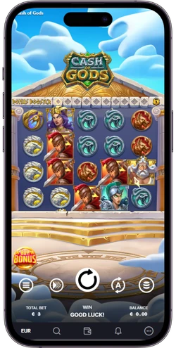 Cash of Gods on mobile features a 5x4 grid with god symbols.