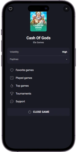 Cash of Gods game info screen - high volatility slot by ELA Games