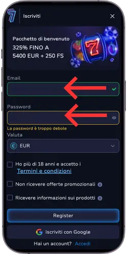 7Bit Casino pagina di registrazione con email e password