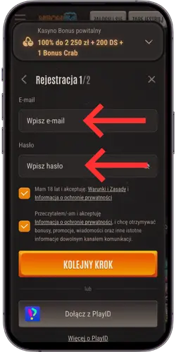 Strona rejestracji w kasynie Neon54 – pola e-mail i hasło
