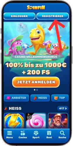 Spinfin Casino Startseite mit Bonus