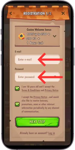 Stone Vegas Casino regisztrációs űrlap – email és jelszó megadása