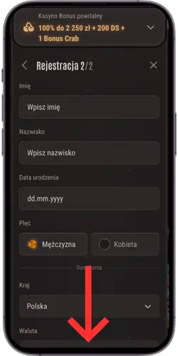 Rejestracja w Neon54 – dane osobowe i wybór kraju